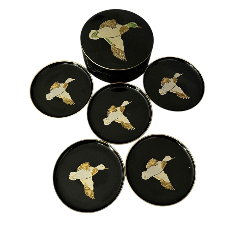 VTG Otagiri Japan Duck Birds in Flight Gold/White Black Melamine Coasters & Box